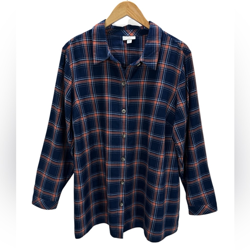 J. Jill Plaid Cotton Soft Plaid Button Front Tunic Shirt Western Navy Orange XL
